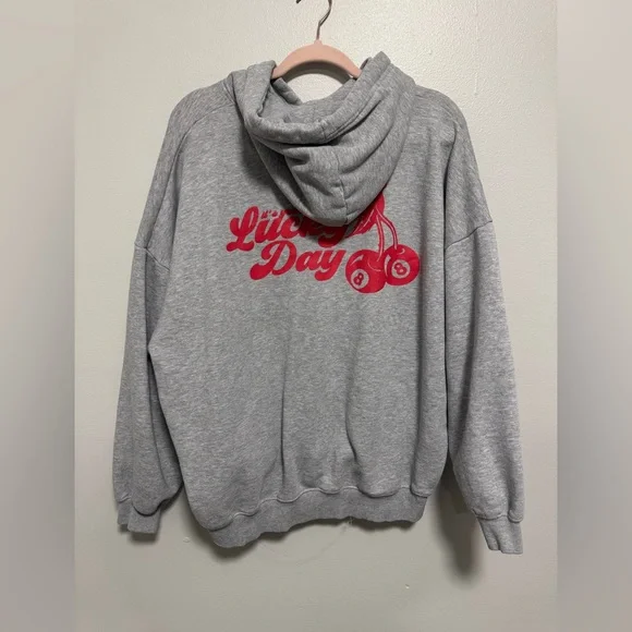 Pretty Little Thing GREY MARL CHERRY PRINT OVERSIZED HOODIE - Picture 5 of 12